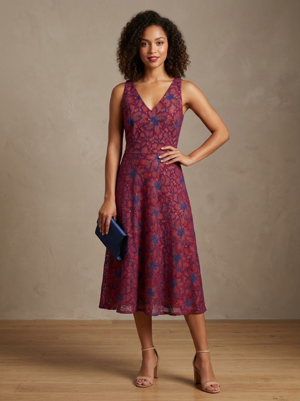 Antonio Melani Red & Blue Lace Midi Dress